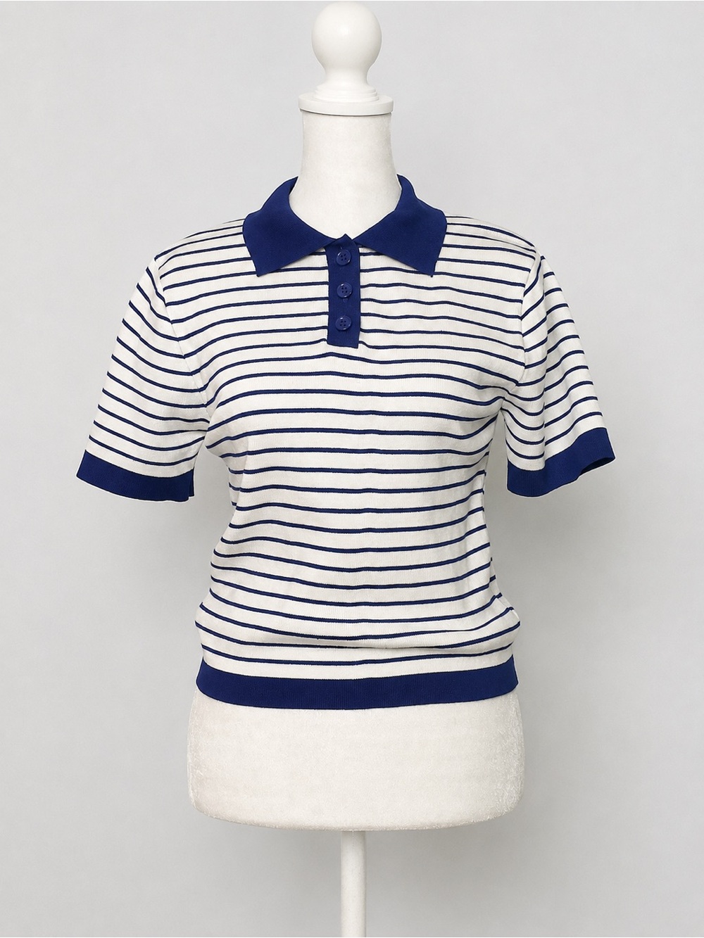 Alexia Admor Knit Short Sleeve Polo | Ivory & Cobalt Blue Stripes | Med | NWOT
